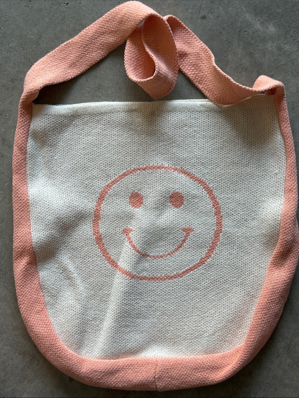 White Knit Tote with Peach Trim and Logo Circle